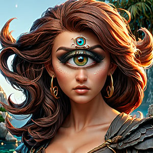 A bewitchingly beautiful female Cyclops ((((one central eye on face))), inspired by Greek mythology.