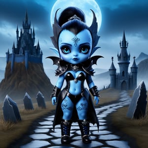  A hauntingly beautiful little woman (((dark dwarf)))  monster. (((( blue skin body)))) dressed in sensual gothic leather clothes, tribal tattooson body, in a haunted and spooky landscape. black hair. blue skin full body. gothic castle in background .