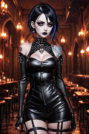 very Sexy.(((black lips))), (((tattoos))), ((black hair). (((chubby))). tattoos. punk short hairs cut. (((curvy))). (((gothic.))). (((emo extreme white skin))),((((gothic sexy leather clothes.)))) Gothic fashion. stocking.  chateau. candles. the scen takes place in a vampires Nightclub.
