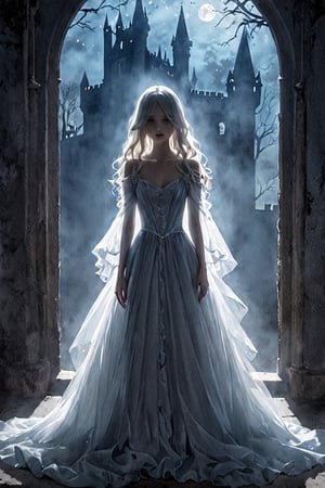 a translucent ghost looks like a spirit of a dead person. (((translucent and transparent feminine silhouette))) appears as a specter, bathed in a bluish, phantom light. She floats above the ground, dressed in a tattered period gown, her long pale hair blending into the mist surrounding her.gothic tableau. the scene takes place in a castle in the moonlight.