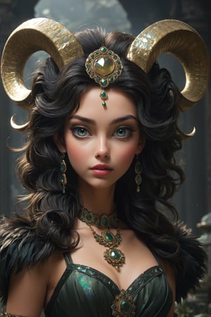  score_9, score_6_up, score_5_up,Very detailed, perfect image. masterpiece of a woman possesses curled ram’s horns, symbols of her power and connection to nature. (((woman face))) with captivating beauty, marked by piercing and mysterious eyes. Her body is graceful, endowed with the strength and elegance of a goddess, while the lower half transforms into powerful goat legs covered in thick black fur. Her feet, akin to the talons of a royal eagle, are equipped with sharp claws, ready to tear or grasp. see full body. the scene takes place in a dungeon.