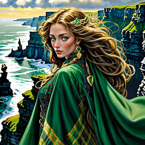 A sultry druidess clad in flowing, emerald-green tartan and golden brooches poses confidently at the precipice of the Cliffs of Moher, wind-whipped hair tousled by the Atlantic breeze. Her eyes gleam like polished obsidian as she gazes out upon the rugged coastline, her skin aglow with a subtle, mystical luminescence.