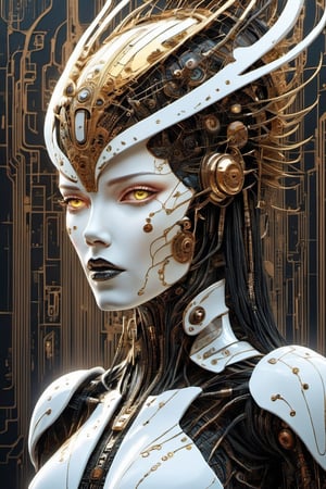 close-up portrait of a robotic or cybernetic female face with white skin that appears metallic and smooth, adorned with complex patterns reminiscent of circuits or tribal tattoos. (((black hair. gothic short hair cut))). The eyes are a vivid black, bright light, creating a striking contrast with the silvery white of the skin. Her face has a mystical or technological element to the overall appearance. (((The lips are black))), reinforcing the non-human aspect. cyberpunk. (((((gothic style))))). robot style.