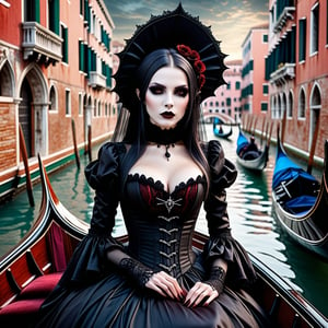  A gorgeous, sexy gothic vampire on a gondola in Venice.