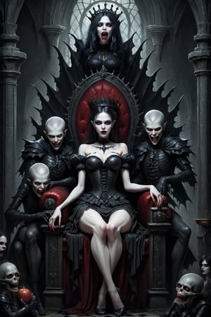 masterpiece. Sexy, beautiful, very pretty, gothic vampire queen (((extrem emo pale skin))) sitting on her throne with her servants. medieval gothic castle. luxury. monsters. scary.
