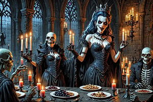 A hauntingly beautiful undead queen monster has diner with her monsters guests in a gothic castle. candles light.