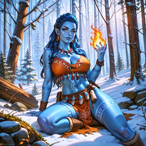 score_9,score_8_up,score_7_up,detailed,highly detailed, epic, gorgeous, Masterpiece of a (((beautifull blue skin female troll))) , tribal tattoos, and torn, beast-skin clothing that hangs tattered and worn, sitting front of firecamp in forest in winter. (((Art Baroque style. )))