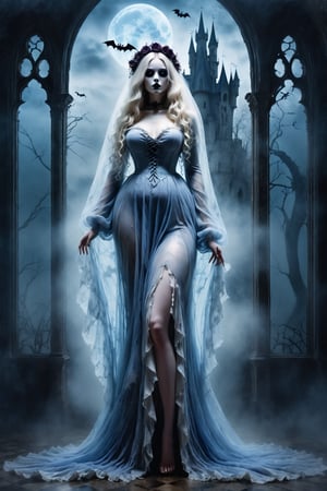 score_9, score_6_up, score_5_up,Very detailed, perfect image. Masterpiece of a sexy curvy ghost looks like a spirit of a dead person. (((translucent and transparent feminine silhouette))) torn clothing. appears as a specter, bathed in a bluish, phantom light. She floats above the ground, dressed in a tattered period gown, her long pale hair blending into the mist surrounding her.gothic tableau.((( halloween atmosphere))). the scene takes place in a castle in the moonlight. 