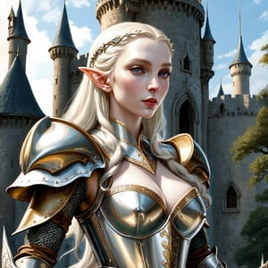 score_9,score_8_up,score_7_up,detailed,very detailed, epic, magnificent, Masterpiece of a (((beautiful, sexy elf woman with pale skin))), pointed ears, wearing Renaissance-style armor. the scene takes place outside, in front of a castle.