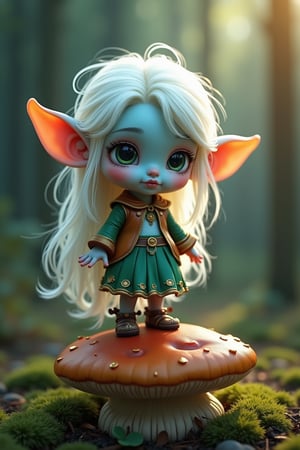 score_9, score_6_up, score_5_up,Very detailed, perfect image. A magnificent masterpiece from A close-up photo of a small, delicately cute dressed female dwarf elf, (((her blue skin body))), standing on a large mushroom. Her hair is white. Her bright green eyes sparkle with curiosity. Soft, warm lighting illuminates her blue body skin, creating a sense of serenity. Forest in background.