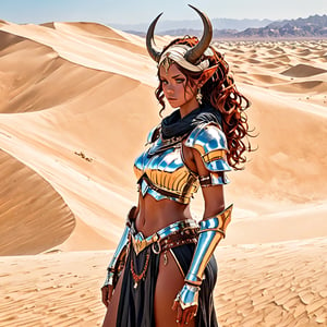 A lone figure emerges from the scorching dunes: a female Minotaur with bovine features, her skin glistening like polished leather as she wears metallic armor that seems forged from the arid landscape itself. Her eyes gleam like polished copper beneath a dusty turban, while her horns curve downward like twisted antlers, framing her fierce determination as she surveys the endless expanse of sandy dunes.