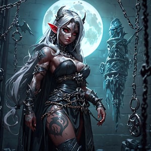 A hauntingly beautiful Orc woman, imprisoned in a prison, bathed in the silvery glow of the full moon peeking through the iron bars of the window. Her torn animal-skin garments hang tattered and worn, revealing her muscular physique. Tribal tattoos adorn his skin, testifying to his proud heritage. The dungeon walls loom darkly behind her, the chains that bind her wrists and ankles form a cruel frame around her unyielding spirit.