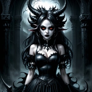 score_9, score_6_up, score_5_up,Very detailed, perfect image. Masterpiece of a sexy cury demon girl, beautiful face, horns, glowy eyes, claws, torn black dress, gothic style , undead, living in a dark dungeon. fog. mist. scary. scary atmosphere.