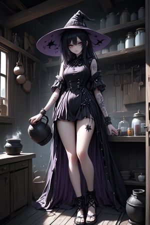  score_9, score_6_up, score_5_up,Very detailed, perfect image. masterpiece. A sexy witch with a shiny black leather outfit, glowy eyes, black hair. (((extremely emo-white skin))), gothic, tattoos, black witch hat, making a potion in a wooden house.(((full body))). the scene takes place in an old kitchen dungeon. magic scene. summoning. Cauldron.