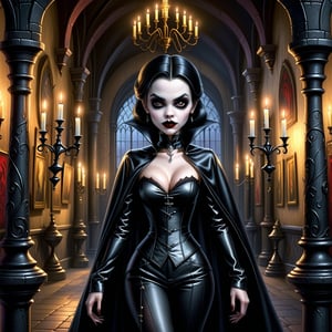  In a grand, dimly lit castle, a sensual, sexy female vampire dons a black leather tuxedo and matching cape, his piercing gaze captivating the audience. Amidst candelabras and ornate tapestries, she strikes a seductive pose, her fangs gleaming in the soft lighting. A golden '10,000' logo adorns the castle wall behind him, as if hinting at some ancient curse or mysterious treasure. The Disney-Pixar inspired animation brings a whimsical touch to this gothic scene.