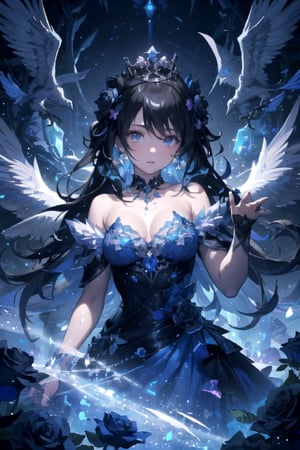 Close-up of a woman in a dress with birds flying above, covered in crystals and glitter, Disney and Dan Hillier, official artwork, a beautiful artwork illustration, A woman wearing a sparkling flower dress, magic dress, exquisite digital illustration, There were frozen flowers around her., beautiful artwork, she is the queen of black roses,