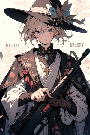
anime character with a rifle and a hat standing in front of a floral background, marisa kirisame, detailed key anime art, key anime art, high detailed official artwork, official anime artwork, official art, marin kitagawa fanart, violet evergarden, beautiful androgynous prince, delicate androgynous prince, clean detailed anime art, detailed anime art, zerochan art