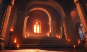 masterpiece, best quality, very aesthetic, absurdres, official art, game cg,  non-web source,

indoors, no humans, scenery, dark, pillar, red theme, candle, window, arch, statue, fire, solo, stairs, brick wall, standing, column, door, architecture, torch, church, glowing, light, 

cinematic shadow, cinematic lighting