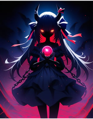 masterpiece, very aesthetic, absurdres, absurdres, 1girl, original, tanaka ken'ichi, horns, solo, no humans, ribbon, bow, horn ornament, horn ribbon, abstract, long hair, glowing, hair bow, page number, chain, dress, looking at viewer, alternate costume, glowing eyes, no mouth, orb, oni, clock, standing, hair ribbon