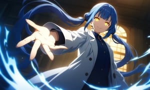 masterpiece, best quality, very aesthetic, absurdres, official art, game cg,  non-web source,

1girl, solo, long hair, twintails, lab coat, glowing, magic, yellow eyes, very long hair, looking at viewer, short bangs, blue theme, indoors, blue hair, outstretched hand, glowing eyes, outstretched arm, upper body, window, coat, long sleeves, night, smile, shirt, dark, flat chest, white coat, open clothes, light, closed mouth, 

cinematic shadow, cinematic lighting