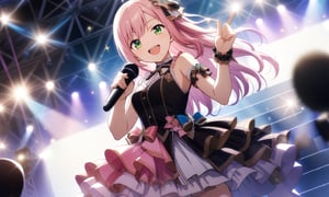 masterpiece, best quality, very aesthetic, absurdres, official art, game cg,  non-web source,

1girl, center-flap bangs, chandelier, concert, cowboy shot, dress, dutch angle, frilled dress, frills, green eyes, holding, holding microphone, idol, idol clothes, index finger raised, lens flare, long hair, looking at viewer, microphone, open mouth, pink hair, screen zoom, single sidelock, smile, solo, sparkle, stage lights, stairs, teeth, upper teeth only, 

shaded body, cinematic shadow, cinematic lighting