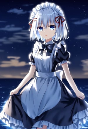 shaded body, shadow, night, glowing eyes, expressionless, , backlighting, cinematic, light_particles, 1girl, tobiichi origami, date a live, 1693070240, blue eyes, bow, bowtie, cloud, dress, hair ornament, hairclip, maid, maid headdress, night, open mouth, puffy short sleeves, puffy sleeves, short hair, short sleeves, sky, solo, star \(sky\), starry sky, water, white hair, absurdres