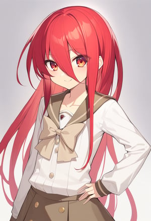 1girl, shana, beige bow, bow, bowtie, collarbone, eyes visible through hair, hair between eyes, hand on own hip, jewelry, long hair, long sleeves, looking at viewer, necklace, red eyes, red hair, school uniform, simple background, sleeves past wrists, smile, solo, upper body, very long hair, white background, master piece, best quality