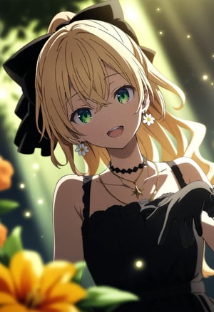 masterpiece, best quality, very aesthetic, absurdres, official art, megami magazine, 

1girl, black bow, black dress, black gloves, blonde hair, blurry, blurry foreground, bow, collarbone, crossed bangs, depth of field, dress, dutch angle, earrings, flower, flower earrings, gloves, green eyes, hair bow, hair ornament, hinoshita kaho \(17th birthday\), holding, jewelry, light particles, long hair, looking at viewer, necklace, open mouth, orange flower, ponytail, rabbit hair ornament, sleeveless, sleeveless dress, smile, solo, teeth, upper body, upper teeth only, virtual youtuber, white flower, 

shaded body, cinematic shadow, cinematic lighting