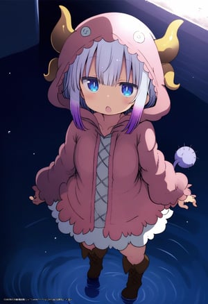 masterpiece, best quality, very aesthetic, absurdres, official art, megami magazine, 

1girl, kanna kamui, kobayashi-san chi no maidragon, cool-kyou shinja, beads, blue eyes, boots, fake horns, full body, hair beads, hair ornament, hood, hood up, horned hood, horns, long sleeves, looking at viewer, multicolored hair, open mouth, purple hair, raincoat, solo, tail, water, white hair, 

shaded body, cinematic lighting