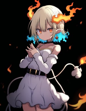 masterpiece, very aesthetic, absurdres, absurdres, 1girl, original, cool-kyou shinja, solo, dress, white dress, detached sleeves, looking at viewer, fire, pointy ears, orange eyes, own hands together, tail, bare shoulders, short hair, black background, flower, red bow, closed mouth, horns, bow, small breasts, choker, collarbone, steepled fingers, white sleeves, white flower, long sleeves, cowboy shot, sleeveless dress, sleeveless, breasts, blonde hair, red eyes, simple background, standing, white hair, multicolored hair, black choker, belt, collar, medium hair, flame-tipped tail, cable, expressionless, fiery hair, grey hair, earrings, sleeves past wrists