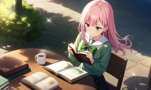 masterpiece, best quality, very aesthetic, absurdres, official art, game cg,  non-web source,

1girl, black skirt, book, bow, bowtie, center-flap bangs, coffee mug, cup, food, fork, green bow, green bowtie, green eyes, green shirt, hair flip, holding, holding book, lens flare, long hair, long sleeves, looking at object, mug, on chair, open book, outdoors, pink hair, plaid, plaid skirt, pleated skirt, reading, sailor collar, saucer, school emblem, school uniform, serafuku, shirt, single sidelock, sitting, skirt, solo, sparkle, spoon, white sailor collar, 

shaded body, cinematic shadow, cinematic lighting