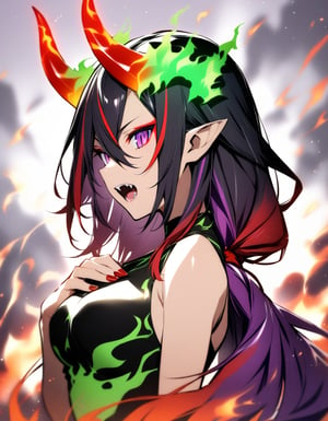 masterpiece, very aesthetic, absurdres, absurdres, 1girl, original, tochi keisuke, bare shoulders, black hair, breasts, eyeshadow, fangs, fangs out, fiery horns, fire, flaming horns, from side, gradient hair, green fire, hair between eyes, hand on own chest, horns, long hair, low ponytail, makeup, medium breasts, multicolored hair, open mouth, pointy ears, purple eyes, purple hair, red eyeshadow, red hair, red nails, signature, slit pupils, solo, streaked hair, very long hair