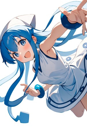 1girl, ika, heikala, painting \(medium\), watercolor \(medium\), blue eyes, blue hair, blush, dress, hair between eyes, long hair, looking at viewer, open mouth, outstretched arms, simple background, sleeveless, sleeveless dress, smile, solo, spread arms, tentacle hair, white background, white dress, (masterpiece), (best quality), newest, (intricate details, very aesthetic), good hands