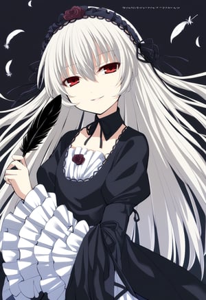 1girl, suigintou, black dress, closed mouth, copyright name, dress, feathers, frilled sleeves, frills, hair between eyes, half-closed eyes, hand up, headdress, holding, holding feather, long hair, parted lips, petals, red eyes, simple background, smile, solo, tsurime, upper body, white background, wide sleeves