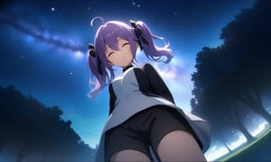 masterpiece, best quality, very aesthetic, absurdres, official art, game cg,  non-web source,

1girl, original, ahoge, arms behind back, black ribbon, black shorts, closed eyes, closed mouth, cowboy shot, dutch angle, from below, hair between eyes, hair ornament, hair ribbon, lens flare, long sleeves, milky way, night, outdoors, own hands together, park, purple eyes, purple hair, ribbon, shorts, sky, smile, solo, sparkle, star \(sky\), starry sky, tree, twintails, two-tone shirt, 

shaded body, cinematic shadow, cinematic lighting
