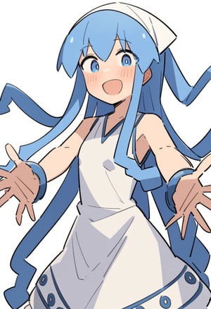 1girl, 1girl, ika, shinryaku! ikamusume, fusazakura, blue eyes, blue hair, blush, dress, hair between eyes, long hair, looking at viewer, open mouth, outstretched arms, simple background, sleeveless, sleeveless dress, smile, solo, spread arms, tentacle hair, white background, white dress, very aesthetic, aesthetic, masterpiece, best quality, newest, absurdres, highres