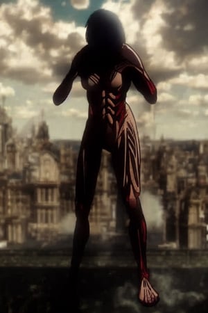 masterpiece, best quality, 1girl, female titan, blonde hair, short hair, blue eyes, teeth, scar, blood, giant, giantess, muscular, hands on hips, blue sky, cloud, view from below, ruined city 