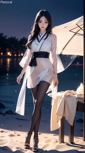 (best quality, masterpiece:1.2),ultra detailed,(photo realistic:1.4),solo,sexy lady,night beach,long_hair,black_hair, legs_spread,hanbok, (((transparent heels))), (((Full_body_shot))), (((pantyhose))),black pantyhose