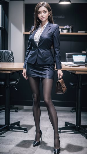 Create a hyper-realistic image of a middle-aged, confident businesswoman in a sleek, modern office setting, dressed in a tailored navy suit and holding a leather portfolio, (((transparent heels))), (((Full_body_shot))), (((pantyhose))),