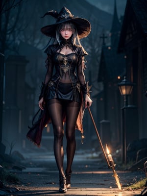 ((((((Whole_body_from_far_away)))))), (((pantyhose))), A hauntingly beautiful illustration of a witch standing in a spooky graveyard, The witch should be portrayed with fine details and realistic shading. The artwork should be in a high resolution and digitally painted by renowned artists like Luis Royo and Jasmine Becket-Griffith. The overall composition should evoke a sense of mystery and enchantment.
