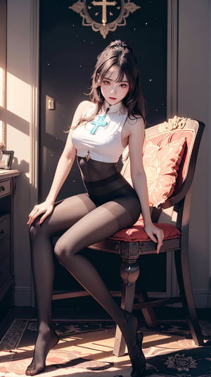 (best quality, masterpiece:1.2),ultra detailed,(((body illumination))),aura,beast and cute girl,(((illumination))),mandala, (((Full_body_shot))), (((pantyhose))), (((sit on a chair and cross one's legs))), (((low angle))), (3girl),