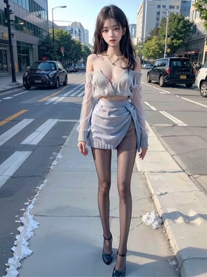 one girl, large breasts, no bra, beautiful long leggs, beautiful sexy supermodel, 18 years old, beautiful perfect face, body fit, ((sexy mini skirt)), correct_anatomy, nsfw, ((front full_body)), perfect backgrond,
On the Street, Full body,Realistic photos, wearing Victoria's Secret underwear, masterpiece, highest quality, Pull down collar,see-through nipples:0.8 , panties visible:0.8 ,  two hands lift sweater show pussy:0.8, bright gentle green eyes, necklace,(Off-the-shoulder knit short sweater:1.2),bracelet, bright snow-white skin, high detail skin,high ponytail, brown hair, delicate hairpin, delicate beautiful face, Tsundere expression,studio lighting,Girl,medium breasts,shy, 1girl,DSKBSP,jennie, (((transparent heels))), (((Full_body_shot))), (((pantyhose))), ,black pantyhose