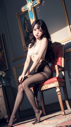 (best quality, masterpiece:1.2),ultra detailed,(((body illumination))),aura,beast and cute girl,(((illumination))),mandala, (((Full_body_shot))), (((pantyhose))), (((sit on a chair and cross one's legs))), (((low angle))),