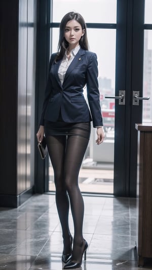 Create a hyper-realistic image of a middle-aged, confident businesswoman in a sleek, modern office setting, dressed in a tailored navy suit and holding a leather portfolio,black pantyhose, (((transparent heels))), (((Full_body_shot))), (((pantyhose))),