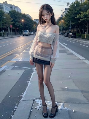 one girl, large breasts, no bra, beautiful long leggs, beautiful sexy supermodel, 18 years old, beautiful perfect face, body fit, ((sexy mini skirt)), correct_anatomy, nsfw, perfect backgrond,
On the Street, Full body,Realistic photos, wearing Victoria's Secret underwear, masterpiece, highest quality, Pull down collar,see-through nipples:0.8 , panties visible:0.8 ,  two hands lift sweater show pussy:0.8, bright gentle green eyes, necklace,(Off-the-shoulder knit short sweater:1.2),bracelet, bright snow-white skin, high detail skin,high ponytail, brown hair, delicate hairpin, delicate beautiful face, Tsundere expression,studio lighting,Girl,medium breasts,shy, 1girl,DSKBSP,jennie,, (((transparent heels))), (((Full_body_shot))), (((pantyhose))), 