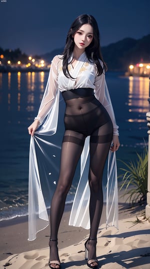 (best quality, masterpiece:1.2),ultra detailed,(photo realistic:1.4),solo,sexy lady,night beach,long_hair,black_hair, legs_spread,hanbok, (((transparent heels))), (((Full_body_shot))), (((pantyhose))),black pantyhose