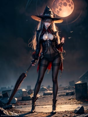 ((((((Whole_body_from_far_away)))))), (((pantyhose))), A hauntingly beautiful illustration of a witch standing in a spooky graveyard under a blood-red moon, The witch should be portrayed with fine details and realistic shading. The artwork should be in a high resolution and digitally painted by renowned artists like Luis Royo and Jasmine Becket-Griffith. The overall composition should evoke a sense of mystery and enchantment.