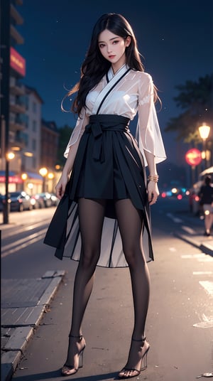 (best quality, masterpiece:1.2),ultra detailed,(photo realistic:1.4),solo,sexy lady,night beach,long_hair,black_hair, legs_spread,hanbok, (((transparent heels))), (((Full_body_shot))), (((pantyhose))),black pantyhose