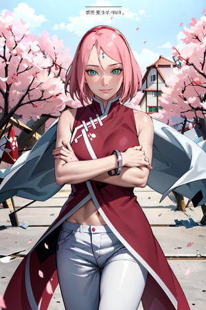 
masterpiece, absurdres ,1girl, haruno sakura,forehead mark, red hairband, red sleeveless dress, white pants,navel, groin, bracelet, looking at viewer, crossed arms, smile, cherry blossoms, wind, floating hair, 

,Marlok artstyle , beautiful girl , Masterpiece,haruno sakura