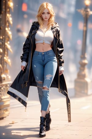  ((deep violet eyes)), slender waist, well-toned body, ((Black waterproof trench coat with a cinched waist)). (((bold neon cropped hoodie under coat))), ((high-waisted ripped jeans)), chunky platform boots. masterpiece, {{{best quality}}}, (illustration), {{{extremely detailed CG unity 8k , Brilliant light, cinematic lighting, long_focus, Women, fully_dress , with huge boobs, High detailed , looking_at_viewer, ((cascade lustrous light golden hair)), smooth forehead, delicately arched eyebrows, enchanting violet eyes, rosy flushed cheeks, elegantly sculpted nose, full and perfectly shaped lips with a natural pink hue, perfect well-toned athletic body, divinely sculpted figure, statesque height, long legs, pronounced delicate hourglass shape. 11/20 waist-to-hip ratio, 19/20 bust-to-hip ratio, wide hips, big round bubble butt, massive augmented breasts, breasts sized like hips, 1 girl, voluptuous, realistic figure, statesque tall, fit sculpted long legs, slender fit girl, ,edgADC_fashion